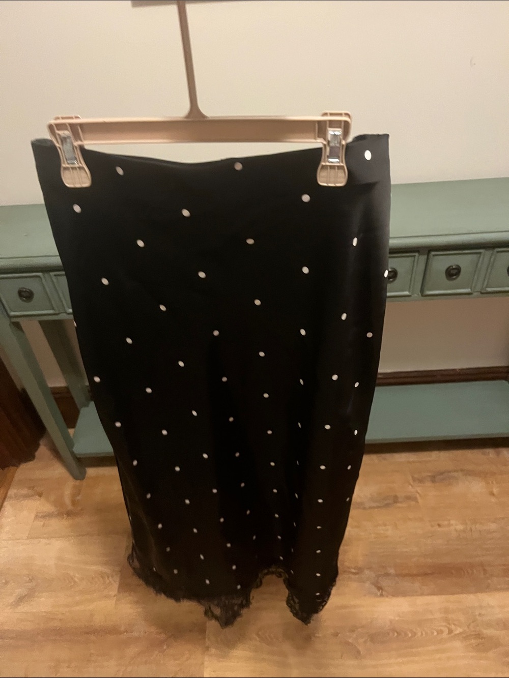 Skies Are Blue Black Midi Skirt with White Polka Dots and Lace Trim